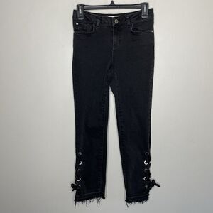 MANGO Denim Jeans Women 2 Black Corset-Tie Raw Hem Detail Slim MNG